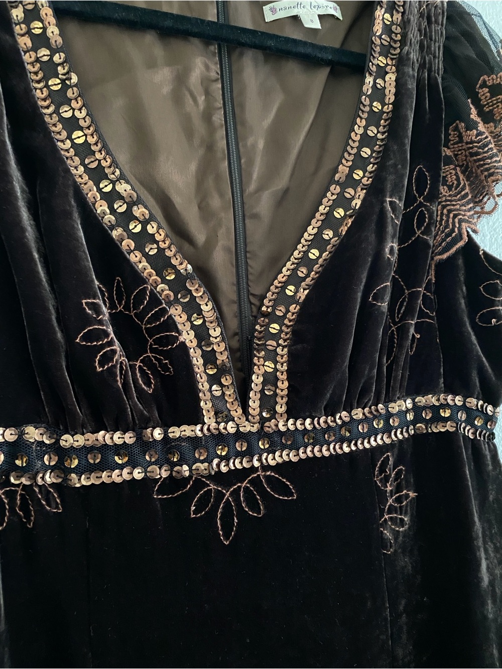 Vintage Nanette Lepore Velvet Dress Brown Embroidered Sequin Y2K - Picture 5 of 6